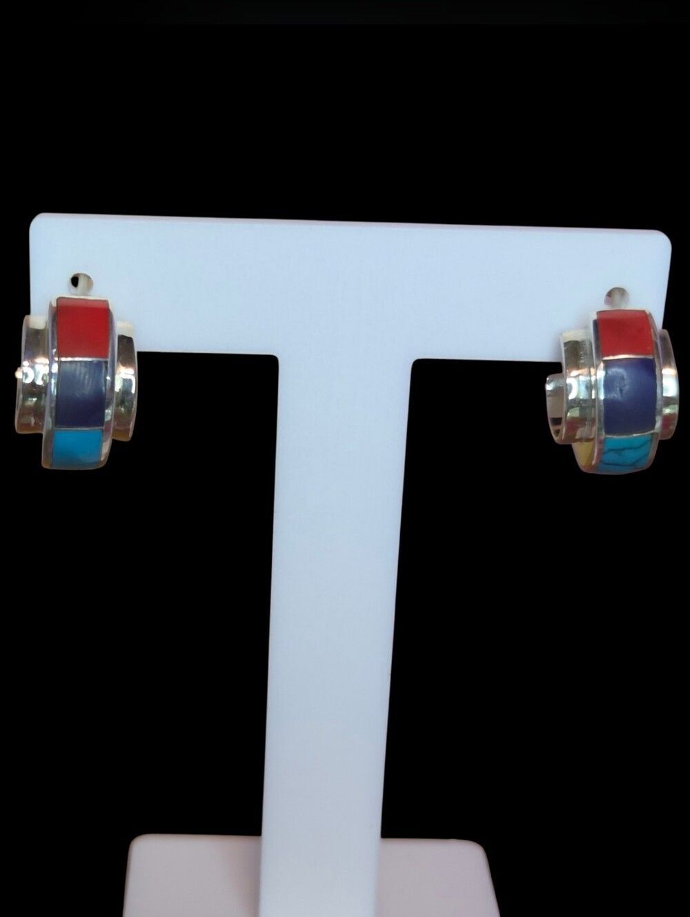 Sterling Silver Multicolor Inlay Hoop Earrings - Southwest Coral Turquoise